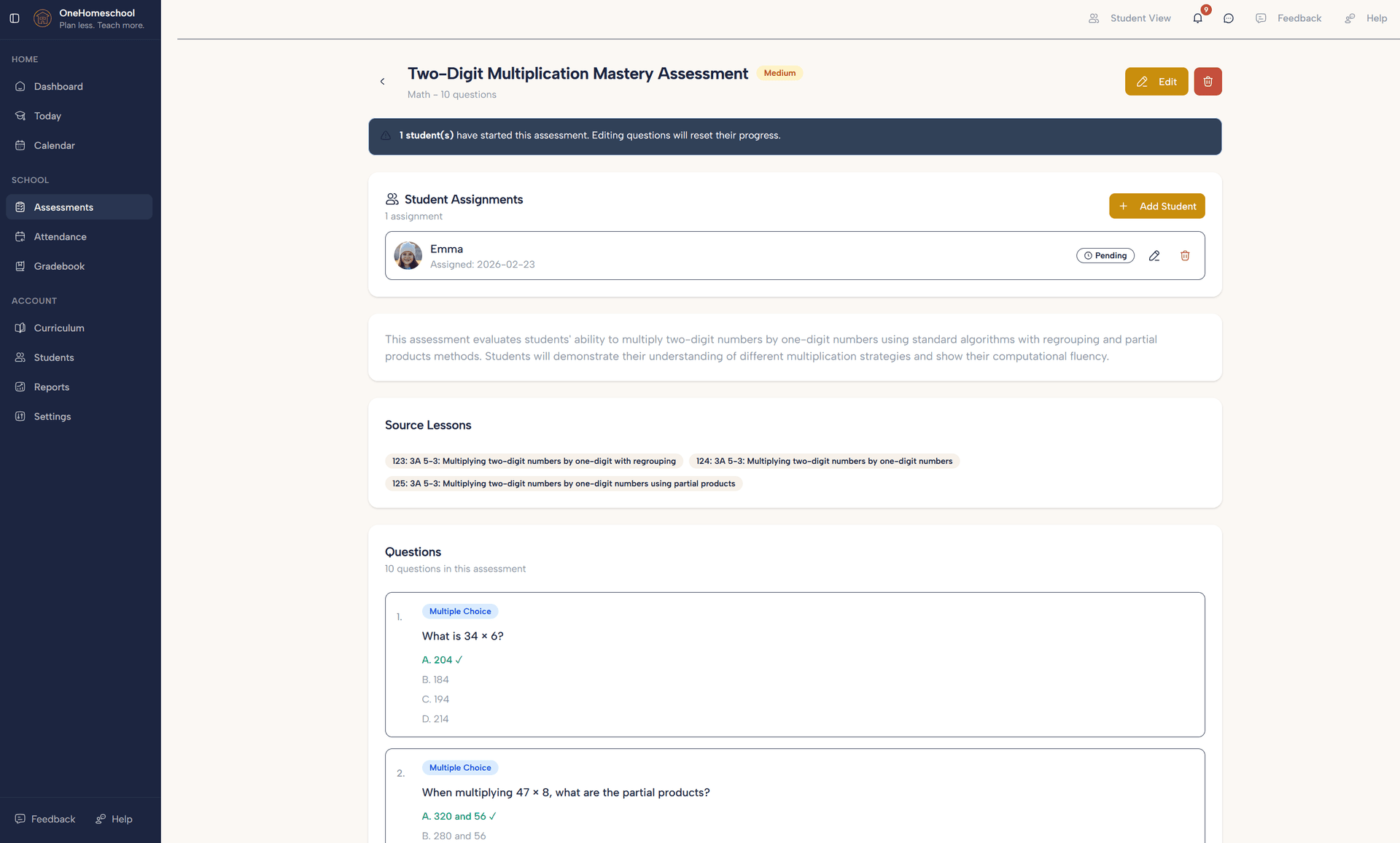 AI-generated math assessment with multiple choice questions and automatic grading
