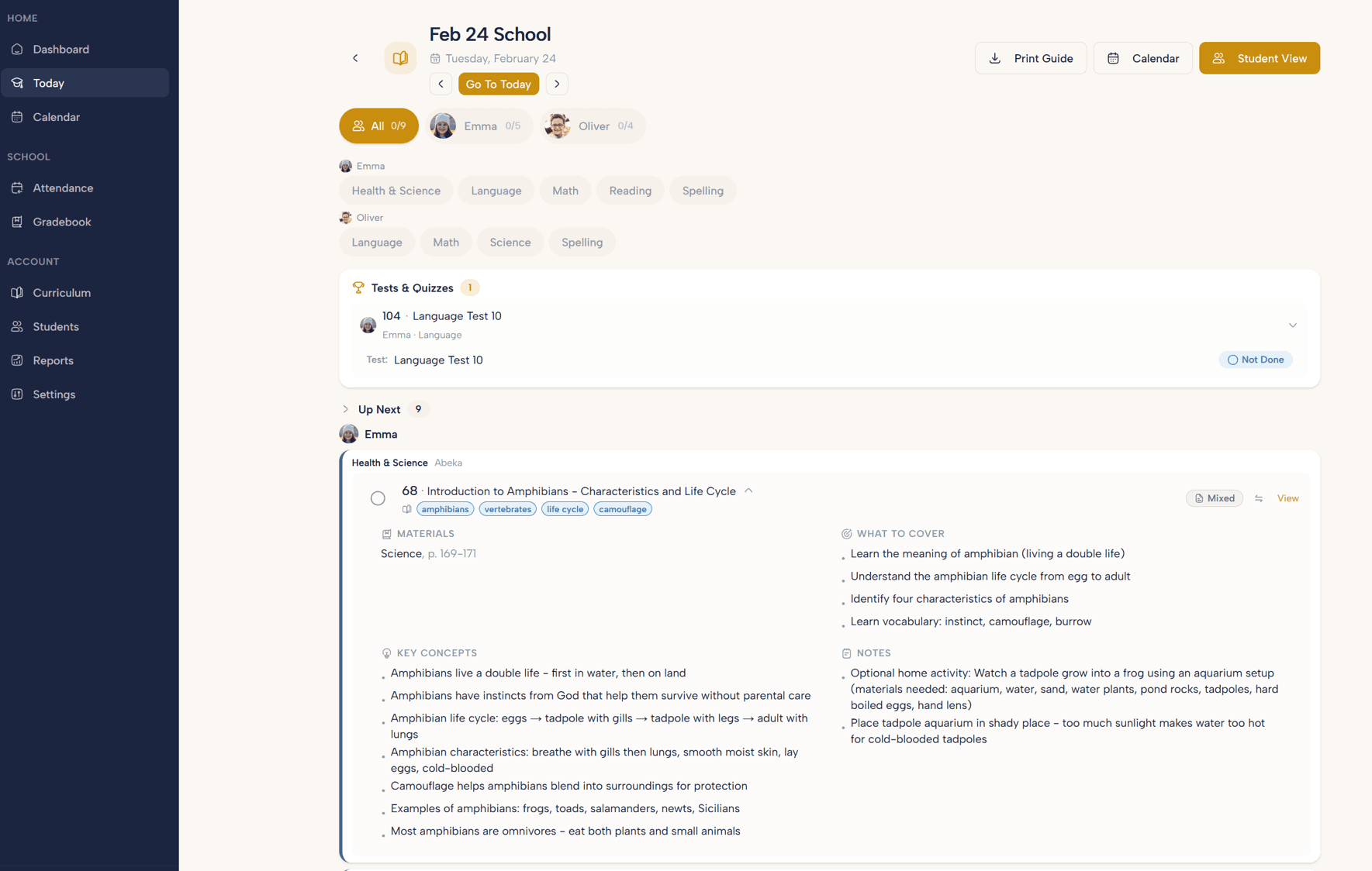 OneHomeschool daily lesson guide showing materials, key concepts, and assignments